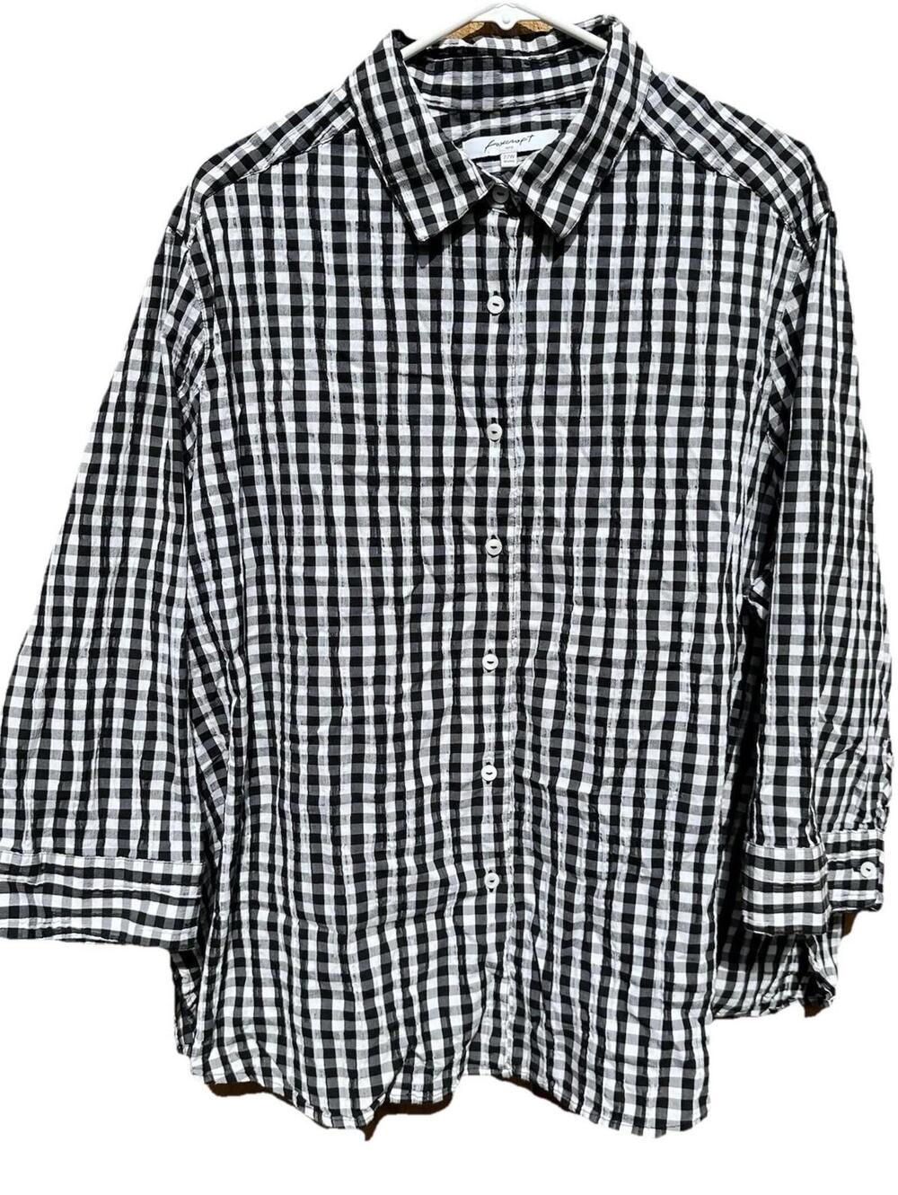 Foxcroft Shirt Womens gingham Black White Poplin Button Up Coastal Travel Sz 22